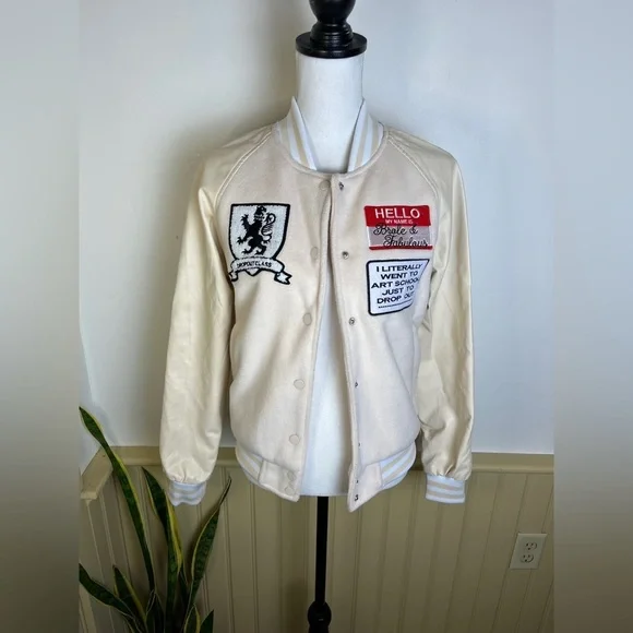 AKIRA Art School Varsity Jacket S Cream White Dropout Class Patches Indie Punk - Picture 4 of 14